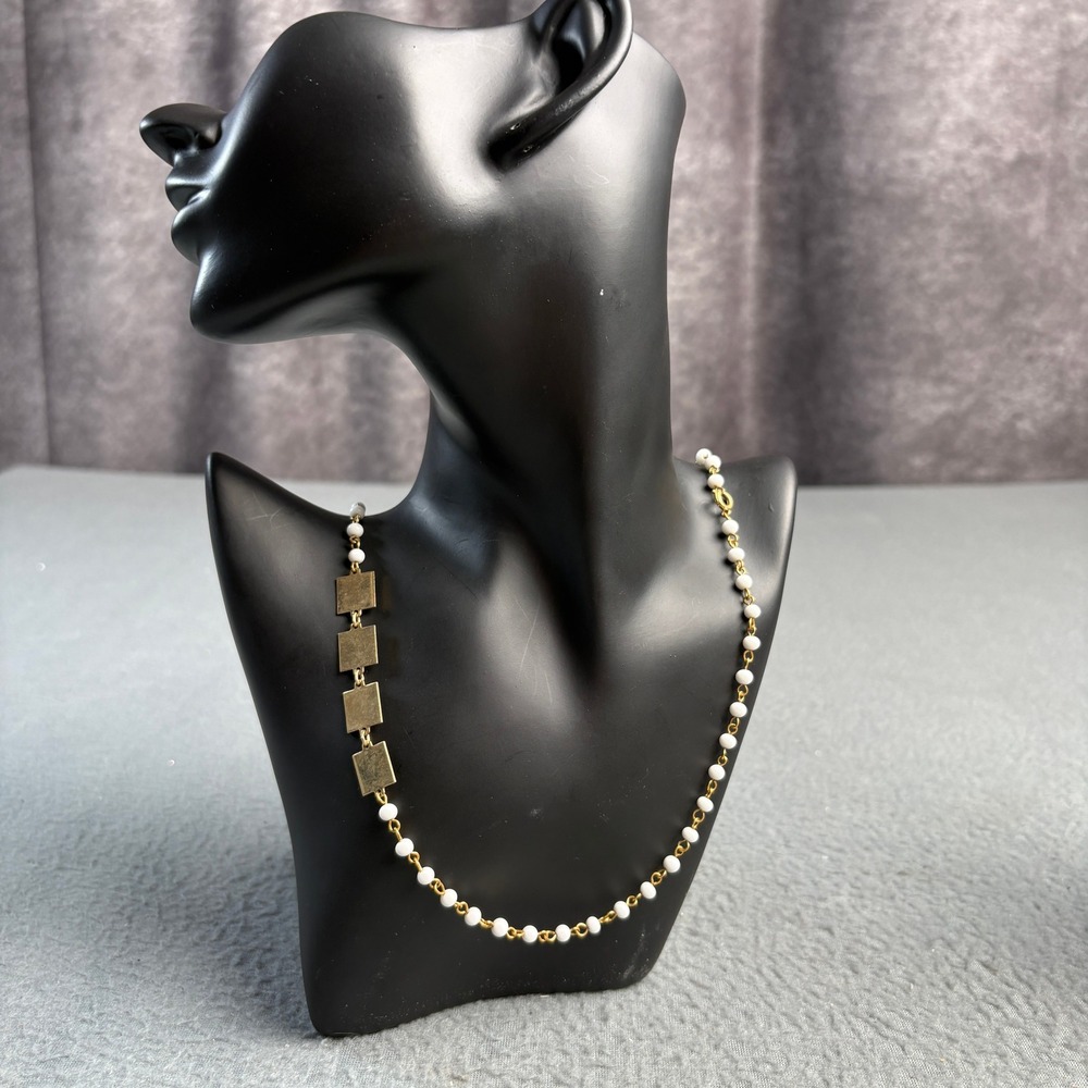 Vintage Gold Tone White Bead Square Station Chain Necklace 20 Inch